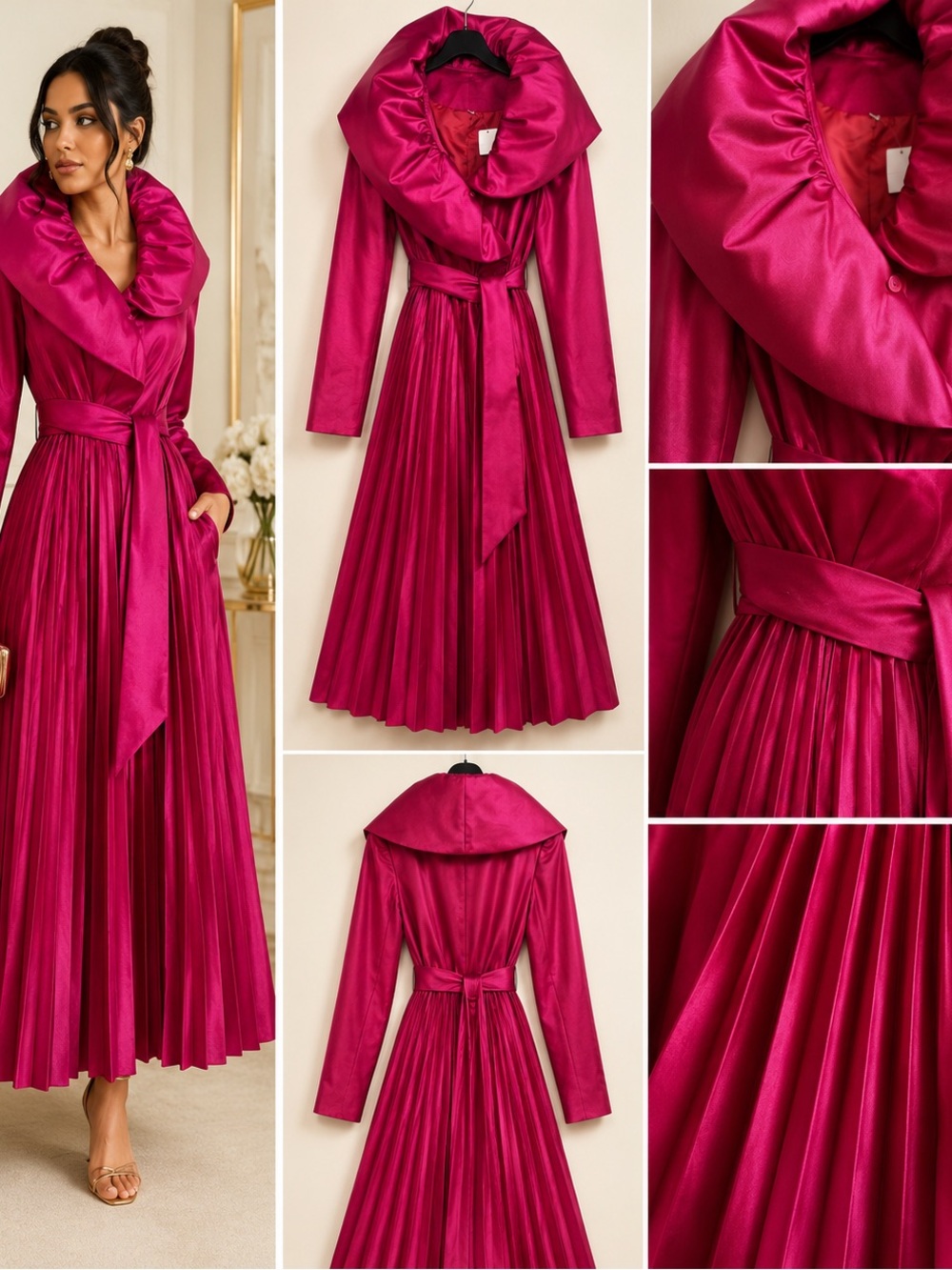 Elegant Fuchsia Satin Pleated Long Dress with Statement Collar